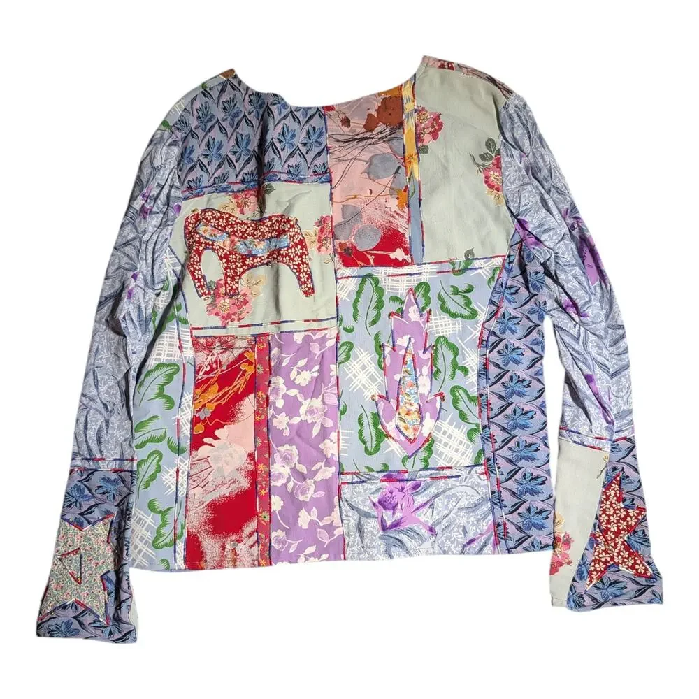 Vtg Y2K Kar-Ma Blue Pink Floral Patchwork Embroidered Collarless Light Jacket S